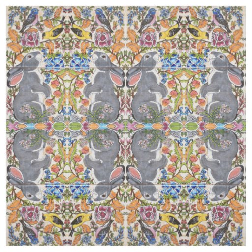 Bunny Rabbit, Birds Flowers Tiled Designer Fabric