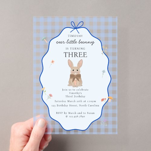 Bunny Rabbit Birthday Party  Floral Blue Boy Plaid Acrylic Invitations