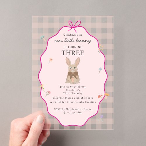 Bunny Rabbit Birthday Party Floral Pink Girl Plaid Acrylic Invitations