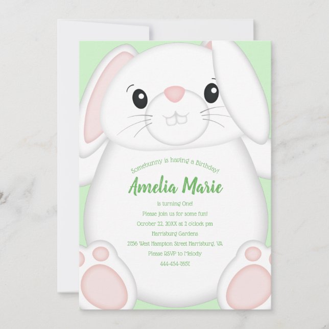 Bunny Rabbit Birthday Party Green Invitation (Front)