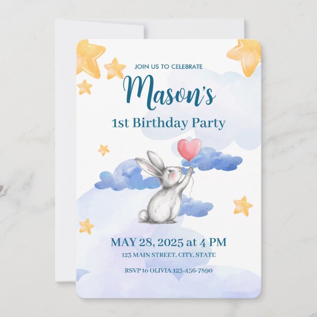 Bunny Rabbit Birthday Party Invitation Boys Girls (Front)