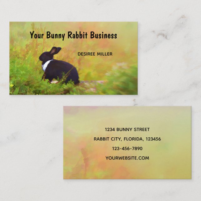 Bunny Rabbit Black Green Watercolor Design Business Card (Front/Back)