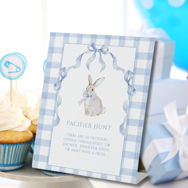 Bunny Rabbit Blue Baby Shower Pacifier Hunt Pedestal Sign (Creator Uploaded)