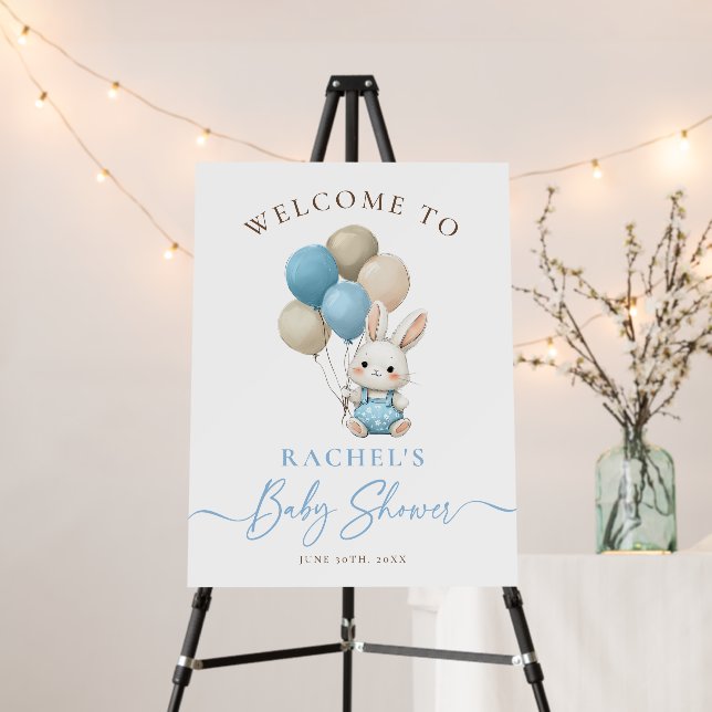 Bunny Rabbit Blue Balloons Boy Baby Shower Welcome Foam Board (In Situ (Stand))
