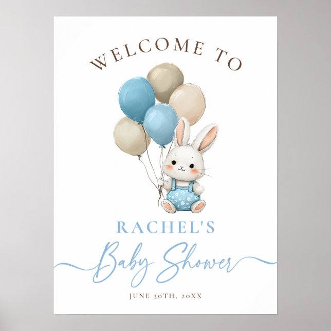 Bunny Rabbit Blue Balloons Boy Baby Shower Welcome Poster (Front)