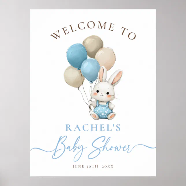 Bunny Rabbit Blue Balloons Boy Baby Shower Welcome Poster | Zazzle