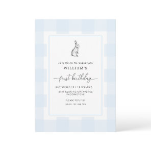 Bunny Rabbit Blue Gingham 1st Birthday Invitation