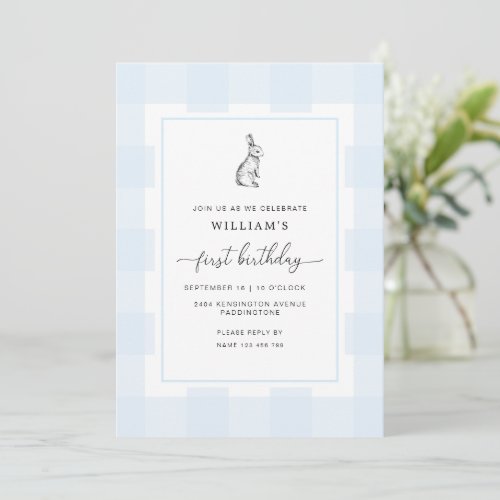 Bunny Rabbit Blue Gingham 1st Birthday Invitation