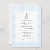 Bunny Rabbit Blue Gingham Baby Shower Invitation