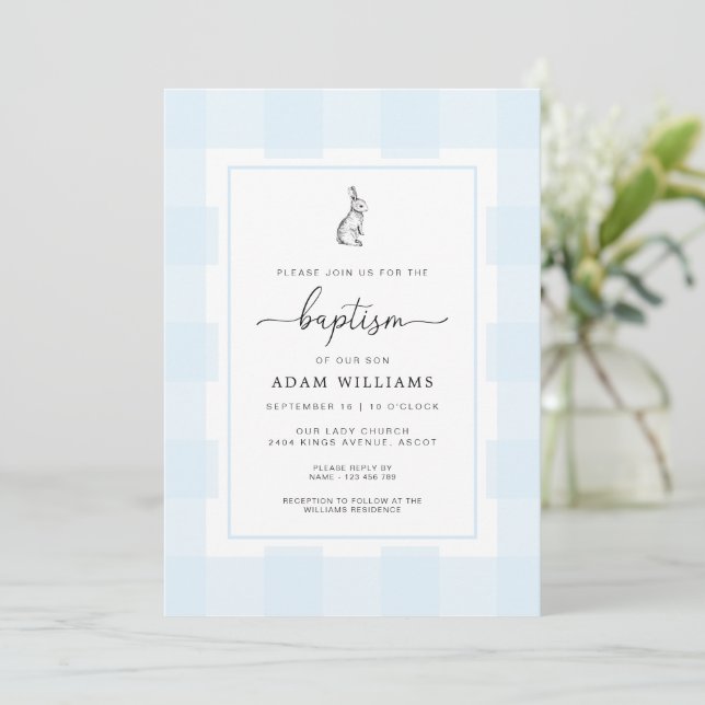 Bunny Rabbit Blue Gingham Baptism Invitation (Standing Front)