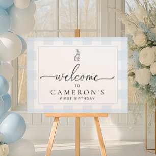 Bunny Rabbit Blue Gingham Birthday Welcome Sign