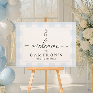 Bunny Rabbit Blue Gingham Birthday Welcome Sign
