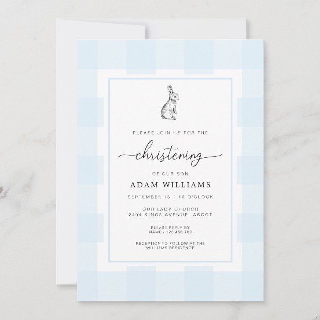 Bunny Rabbit Blue Gingham Christening Invitation (Front)