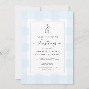 Bunny Rabbit Blue Gingham Christening Invitation