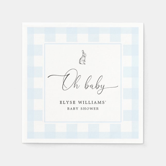 Bunny Rabbit Blue Gingham Oh Baby Paper Napkin (Front)