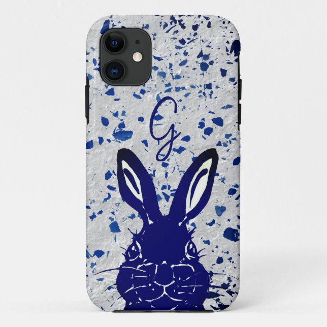 Bunny Rabbit Blue Terrazzo Monogram Modern Case-Mate iPhone Case (Back)