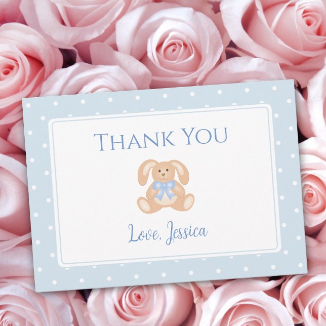 Bunny Rabbit Blue White Polka Dots Boy Baby Shower Thank You Card (Creator Uploaded)