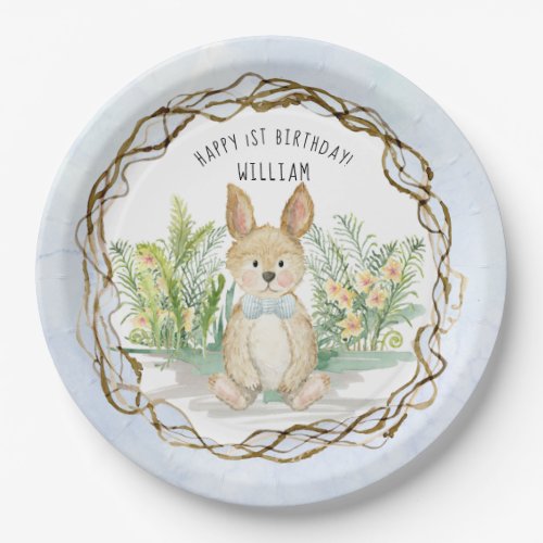 Bunny Rabbit Bow Tie Watercolor Boy 1st Birthday Paper Plates