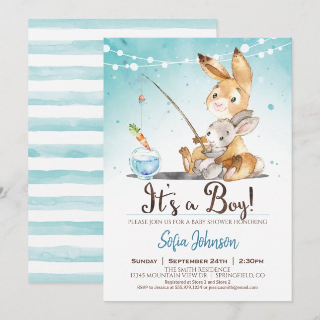 Bunny Rabbit Boy Baby Shower Blue Invitation (Front/Back)