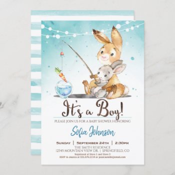 Bunny Rabbit Boy Baby Shower Blue Invitation by Card_Stop at Zazzle