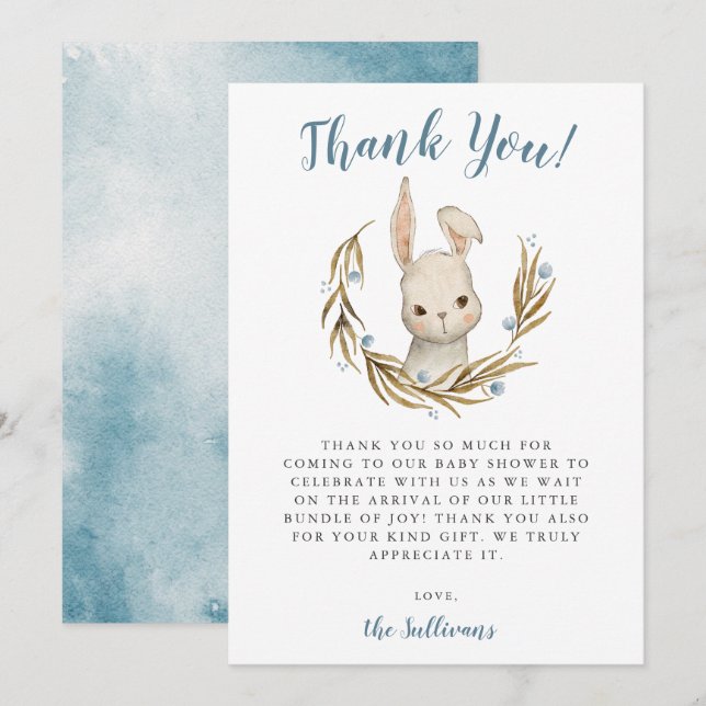 Bunny Rabbit Boy Baby Shower Thank You Card (Front/Back)