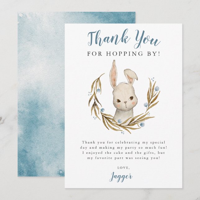 Bunny Rabbit Boy Birthday Party Thank You Card (Front/Back)
