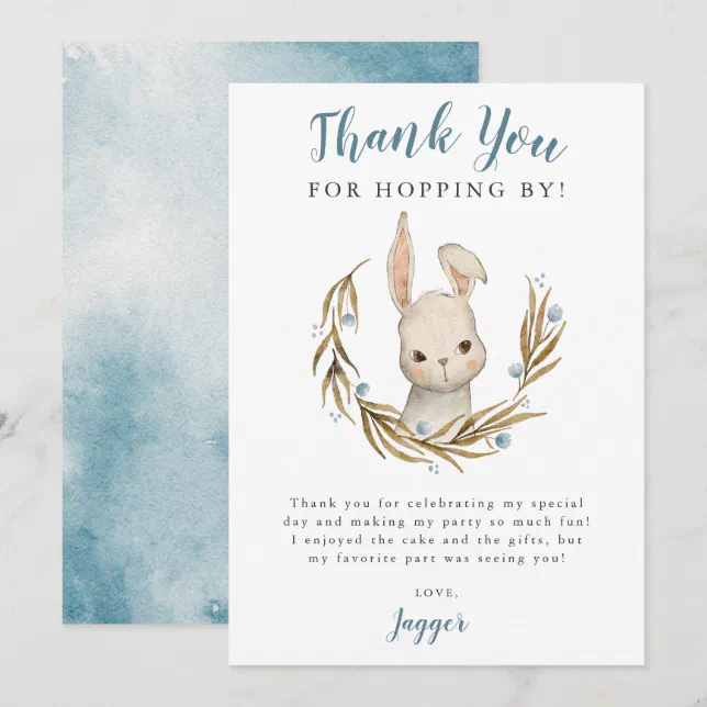 Bunny Rabbit Boy Birthday Party Thank You Card | Zazzle