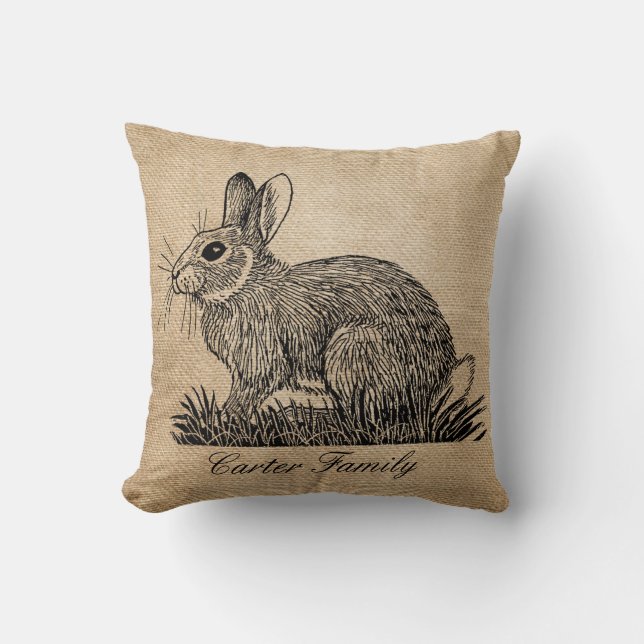 Bunny Rabbit Burlap Throw Pillow (Front)