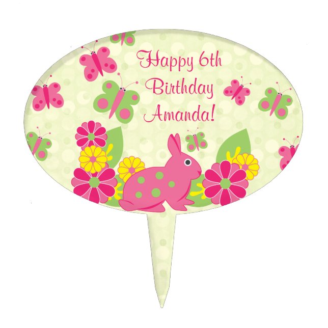 Bunny Rabbit Butterflies Flowers Birthday Cake Topper (Front)