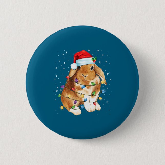 Bunny Rabbit Christmas Lights Santa Hat Funny Xmas Button (Front)