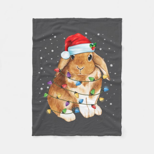 Bunny Rabbit Christmas Lights Santa Hat Funny Xmas Fleece Blanket (Front)