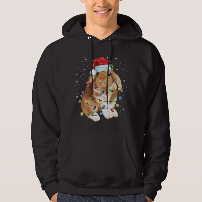 Bunny Rabbit Christmas Lights Santa Hat Funny Xmas Hoodie (Front)