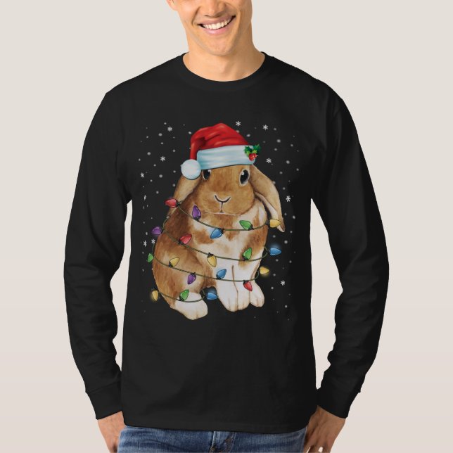 Bunny Rabbit Christmas Lights Santa Hat Funny Xmas T-Shirt (Front)