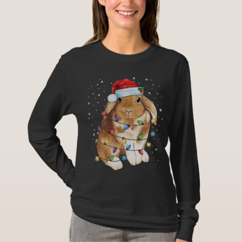 Bunny Rabbit Christmas Lights Santa Hat Funny Xmas T_Shirt
