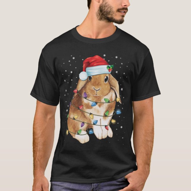 Bunny Rabbit Christmas Lights Santa Hat Funny Xmas T-Shirt (Front)
