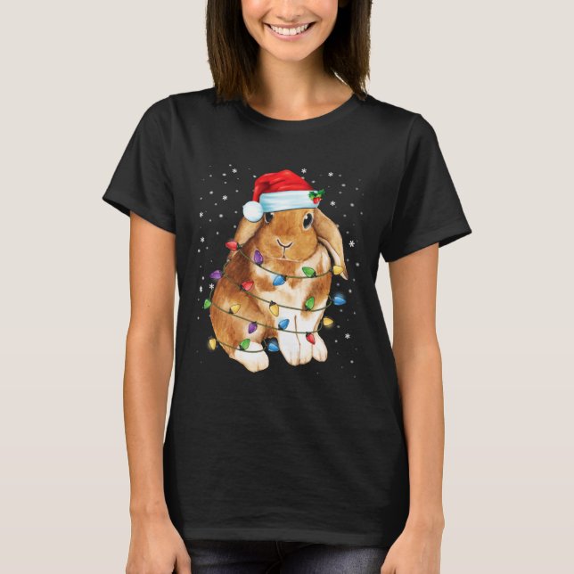 Bunny Rabbit Christmas Lights Santa Hat Funny Xmas T-Shirt (Front)