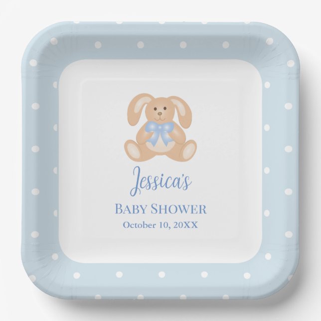 Bunny Rabbit Classic Polka Dots Boy Baby Shower Paper Plates (Front)