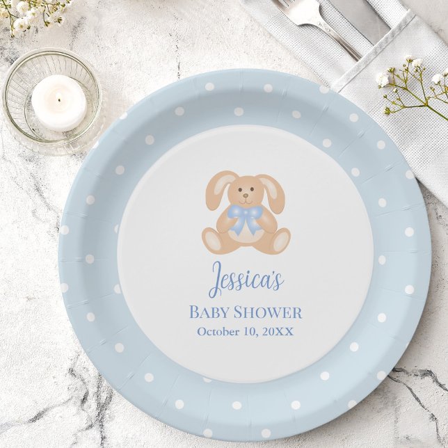 Bunny Rabbit Classic Polka Dots Boy Baby Shower Paper Plates (Creator Uploaded)