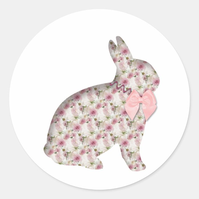 Bunny Rabbit Collage Decoupage Pink Flowers Easter Classic Round Sticker (Front)