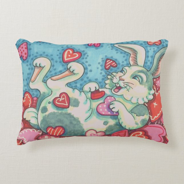 BUNNY RABBIT & COLORFUL HEARTS RAINING VALENTINES ACCENT PILLOW (Front)