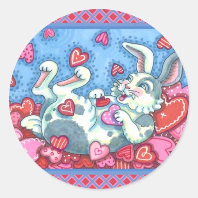 BUNNY RABBIT & COLORFUL HEARTS RAINING VALENTINES CLASSIC ROUND STICKER (Front)