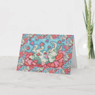 BUNNY RABBIT & COLORFUL HEARTS RAINING VALENTINES HOLIDAY CARD