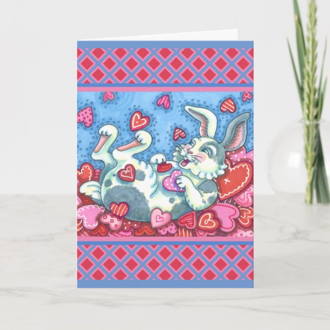 BUNNY RABBIT & COLORFUL HEARTS RAINING VALENTINES HOLIDAY CARD (Front)