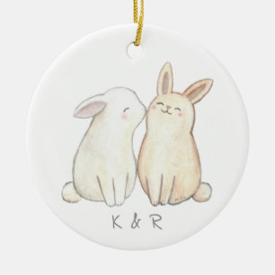 Bunny Rabbit Cute Couple First Christmas together Ceramic Ornament