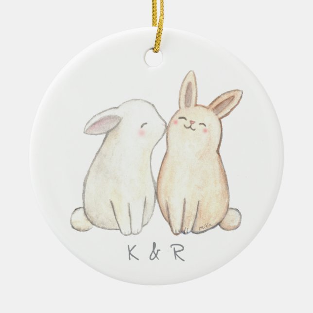 Bunny Rabbit Cute Couple First Christmas together  Ceramic Ornament (Front)