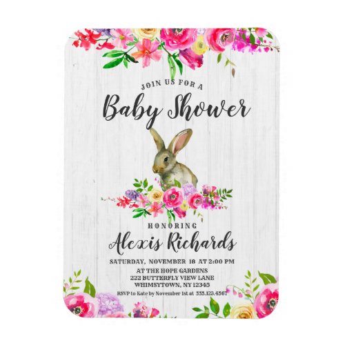 Bunny Rabbit Cute Floral Baby Shower Invitation Magnet