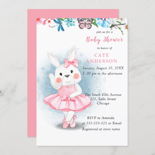 Bunny Rabbit Dancing Ballerina Baby Shower Invitation