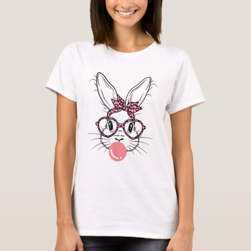 Bunny Rabbit Face Pink Leopard Glasses Bandana Eas T_Shirt