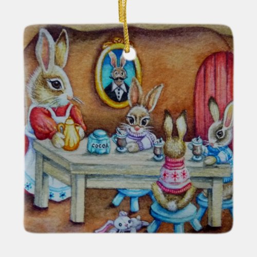 Bunny Rabbit Family Hot Cocoa Break Watercolor Art Ceramic Ornament