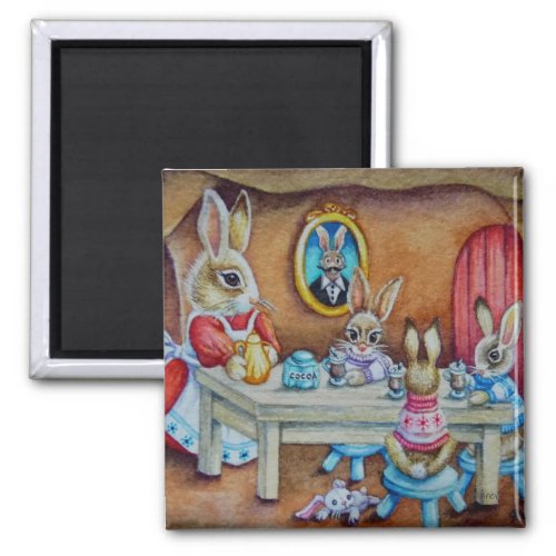 Bunny Rabbit Family Hot Cocoa Break Watercolor Art Magnet